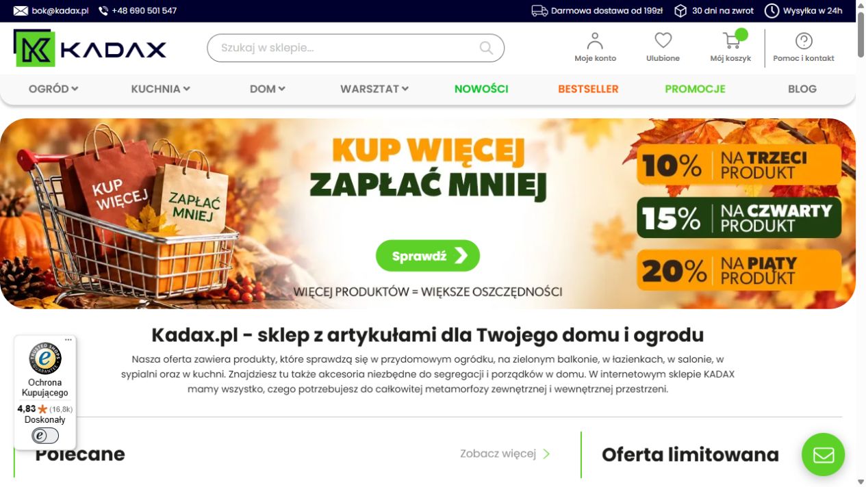 Rzeczywisty widok sklepu KADAX — zrzut z 7 października 2026