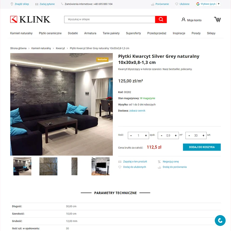 KLINK — karta produktu Magento z przeliczeniem liczby opakowań, metrów kwadratowych i sztuk