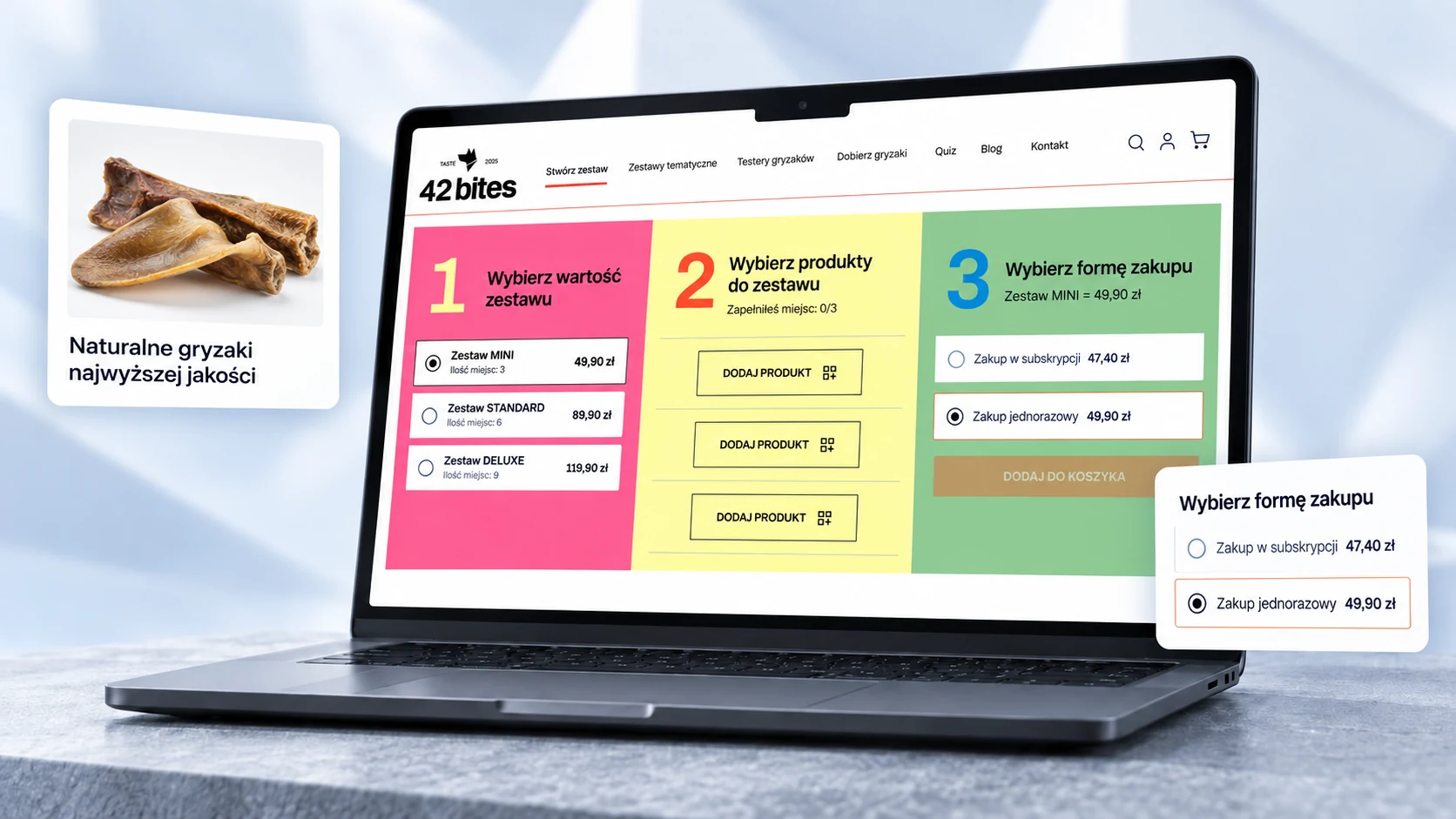 Wizualizacja konfiguratora 42 Bites — wybór wartości zestawu, produktów i formy zakupu
