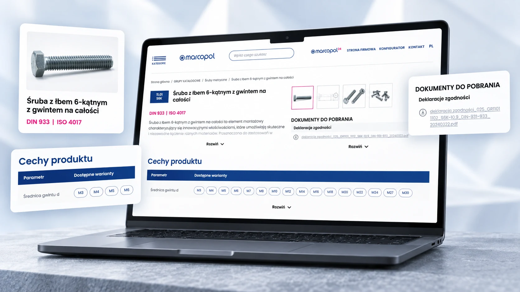 Marcopol — katalog Magento 2 z kartą produktu, wariantami i dokumentami do pobrania