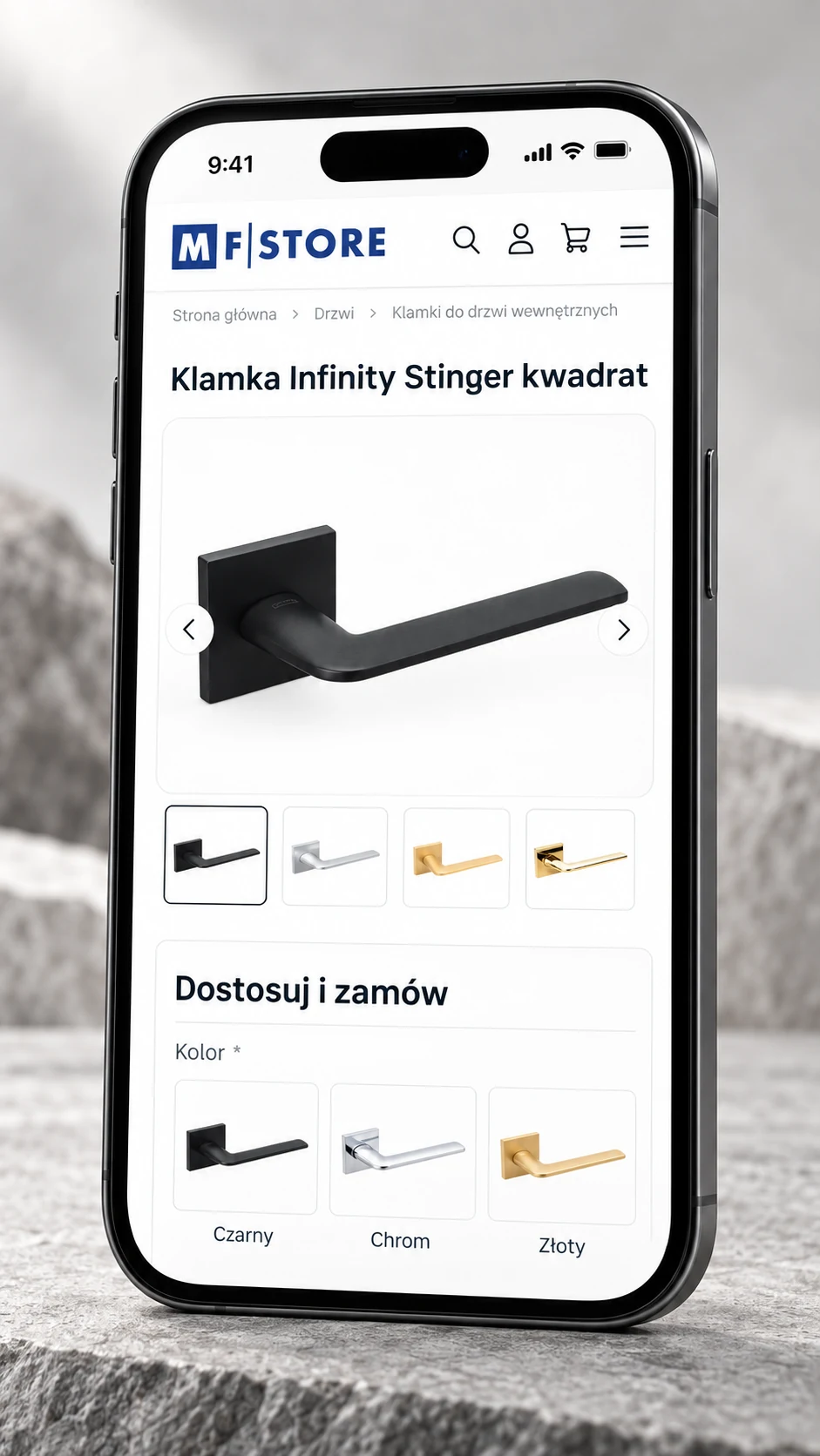 Wizualizacja mobilnej karty klamki Infinity Stinger w MF Store z wyborem wariantów kolorystycznych