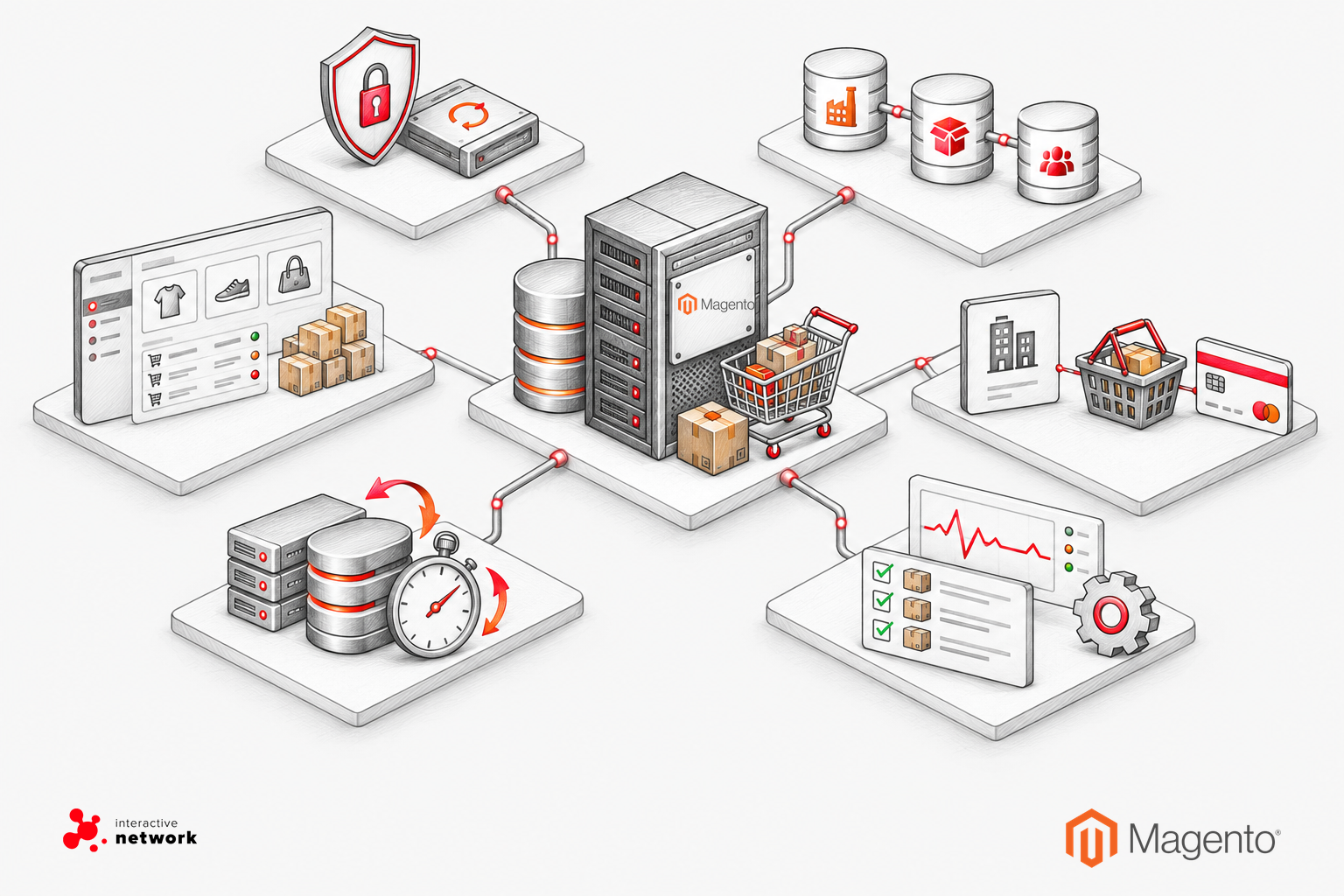 Schemat systemu Magento: serwer, produkty i zamówienia, sprzedaż B2B i B2C, bezpieczeństwo, integracje, wydajność i monitoring pod opieką Network