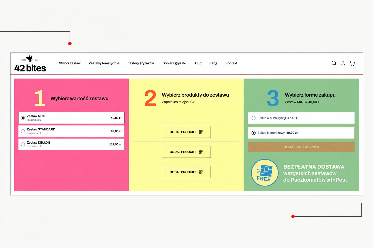 Realizacja 42 Bites — konfigurator zestawu z wyborem wartości, produktów i formy zakupu