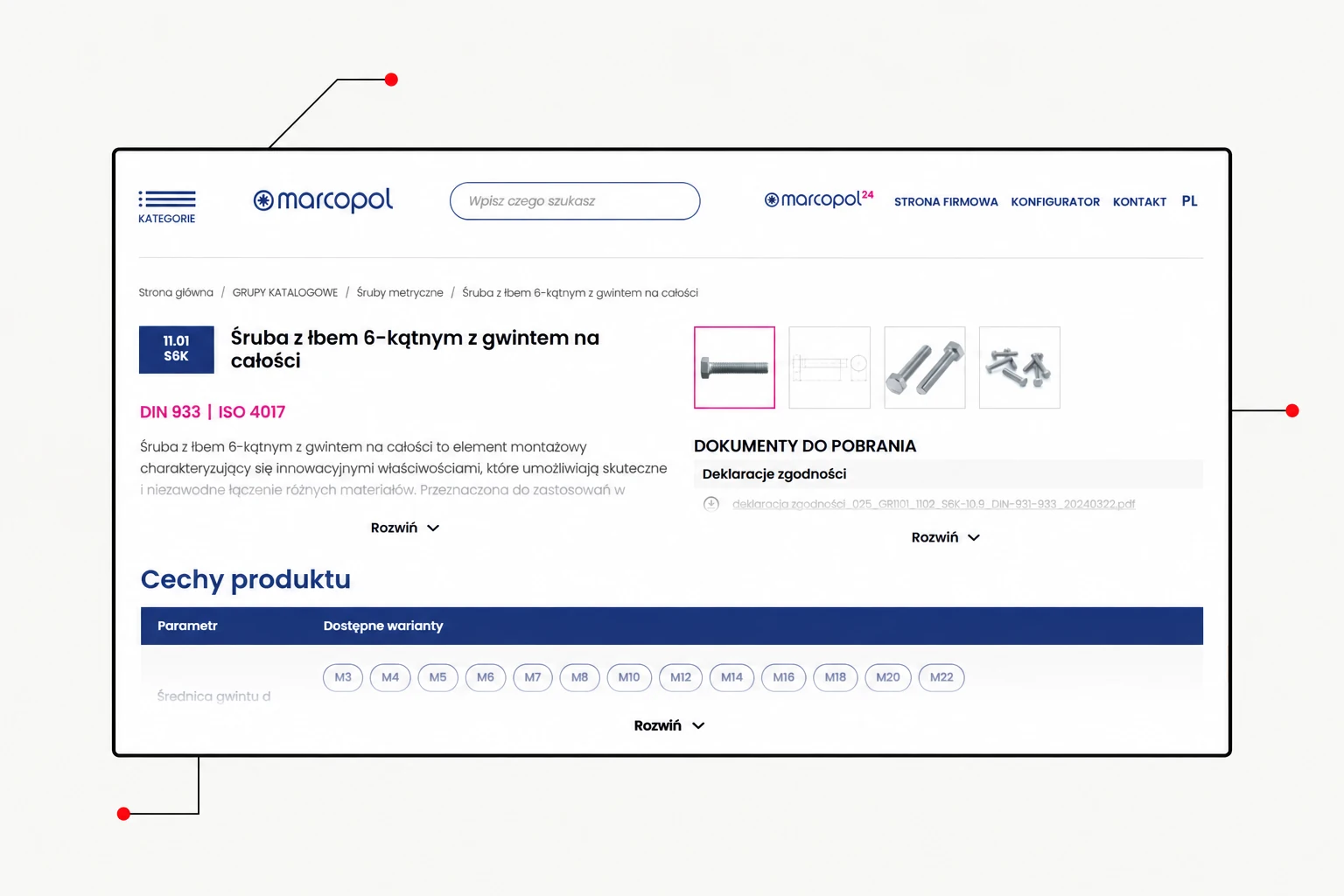 Realizacja Marcopol — techniczna karta produktu z doborem wariantów według parametrów i norm
