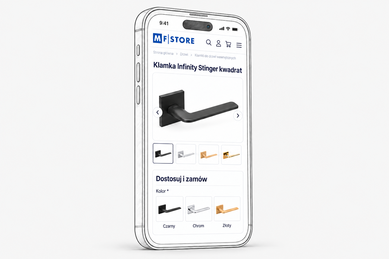 Telefon rysowany kreską z wizualizacją mobilnej karty produktu MF Store i wyborem kolorów klamki Infinity Stinger